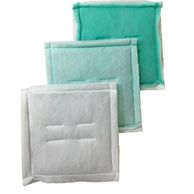 Three square bath sponges in different shades of green and white.