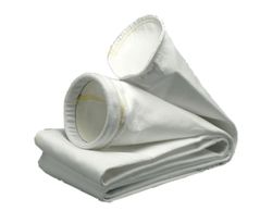 White folded fabric filter bags with stitched openings.
