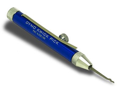 Close-up of a blue Dyno Kwick Pick tool with metallic parts.