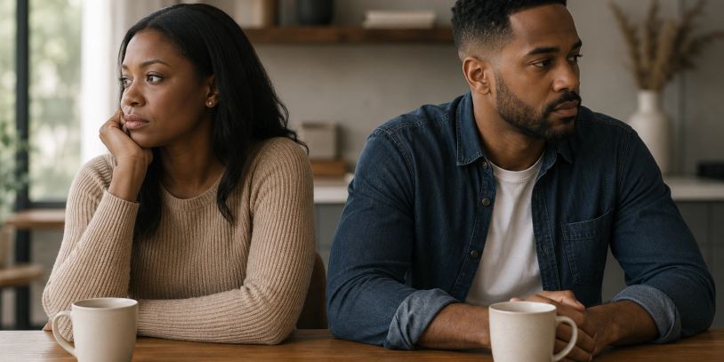 Couple sitting apart looking upset.