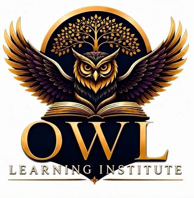 Golden owl logo with book and tree for a learning institute.