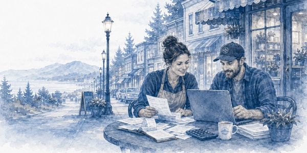 Couple working on finances at outdoor cafe with scenic mountain view.