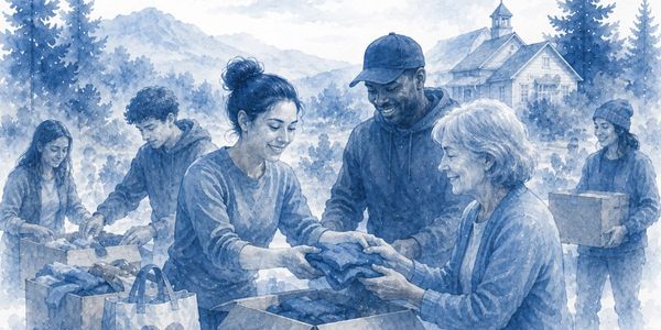 Volunteers happily packing donations outdoors with mountains and a church in the background.