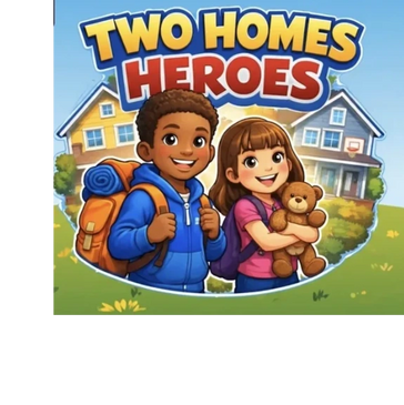 Two children standing in front of houses with the title 'Two Homes Heroes'.