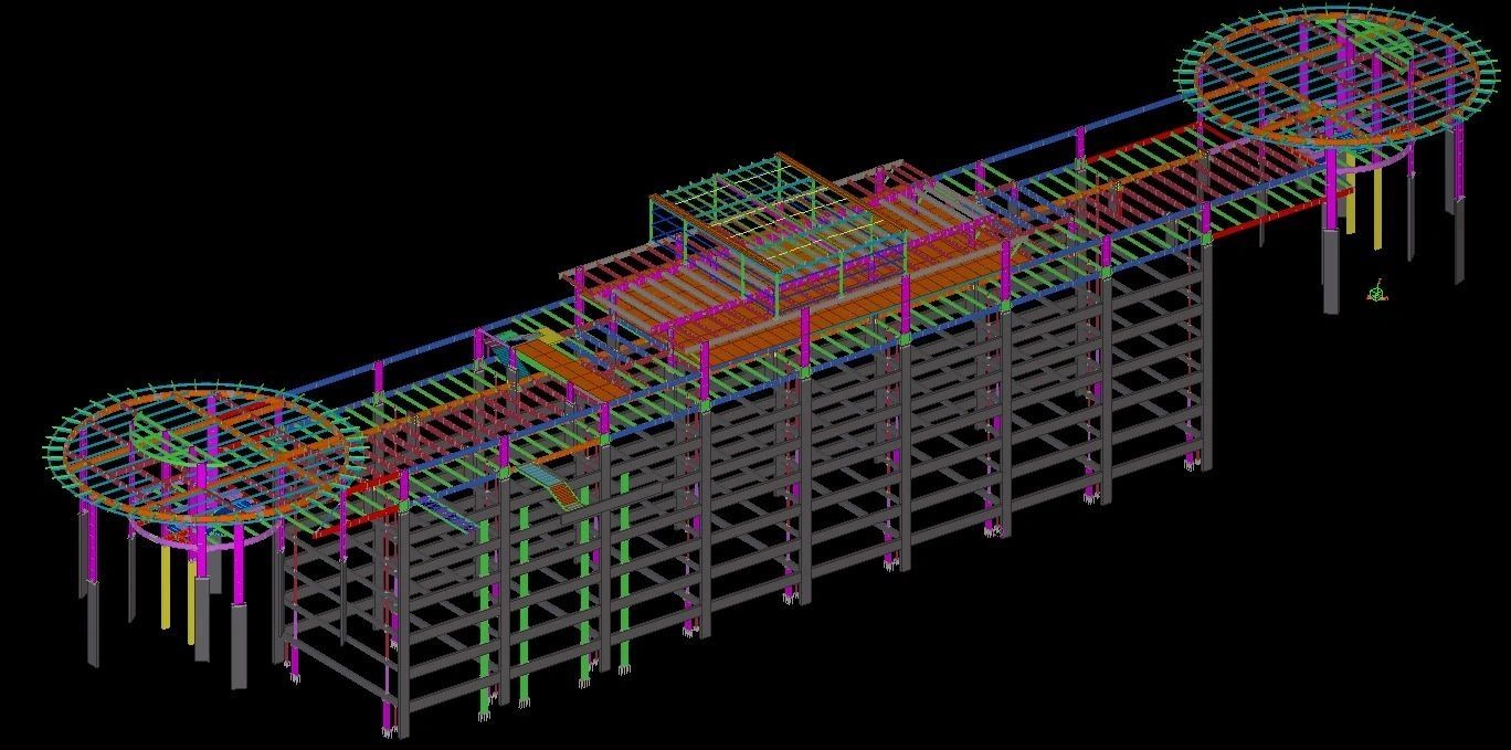 3D structural model of a building framework with colorful beams and columns.