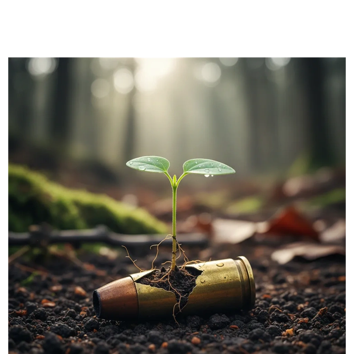 A small plant grows from a cracked bullet casing on soil.