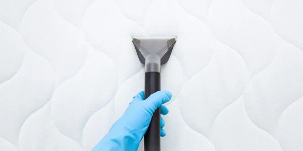 Hand with blue glove cleaning mattress.