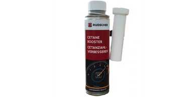RUDSCHER Cetane Booster in a metal can with a white cap and attached funnel.