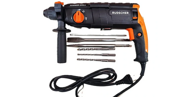 Electric hammer drill with various drill bits and a power cord.
