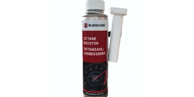 RUDSCHER Octane Booster fuel additive bottle with measuring cap.