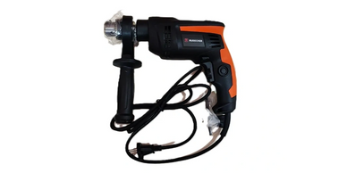 Electric handheld drill with orange and black design and corded plug.