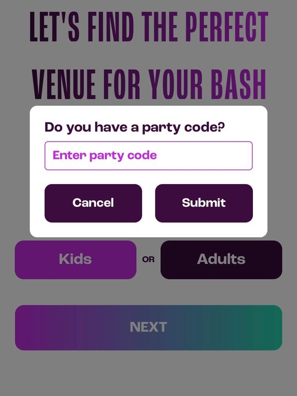 Party venue finder interface with party code input and age group selection.