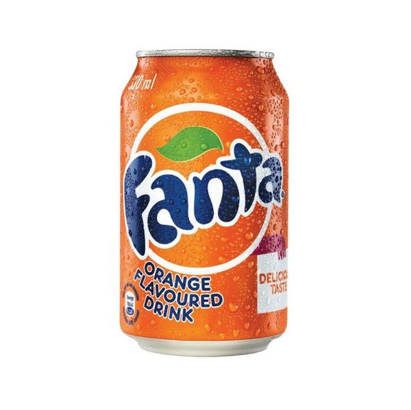 A chilled can of Fanta orange-flavored soda drink with condensation.