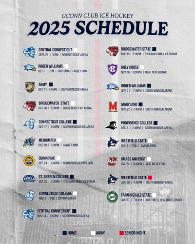 UConn Club Ice Hockey 2025 schedule with dates, opponents, and locations.