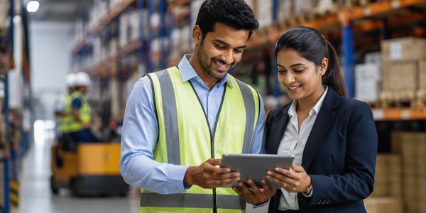 Two workers using a tablet in a warehouse.