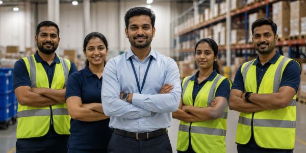Confident warehouse team standing together.
