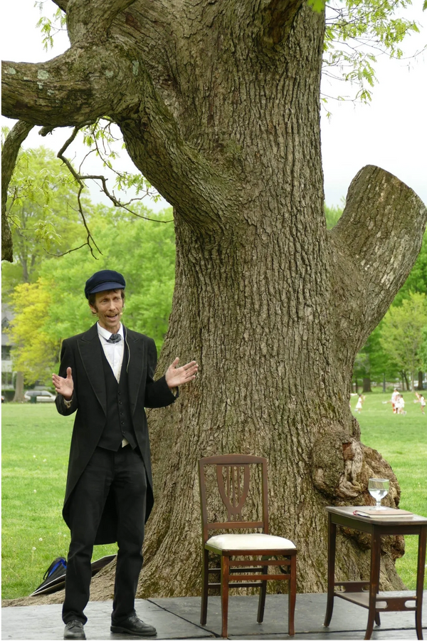 Joseph Smith performing as Frederick Law Olmsted in front of the Olmsted Oak for Friends of Anderson