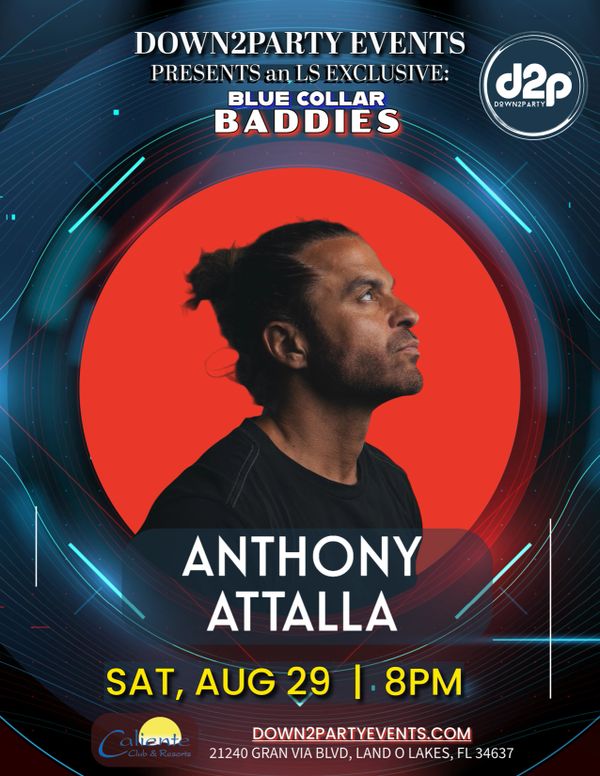 Event poster for Anthony Attalla's Blue Collar Baddies party on August 29 at 8 PM.