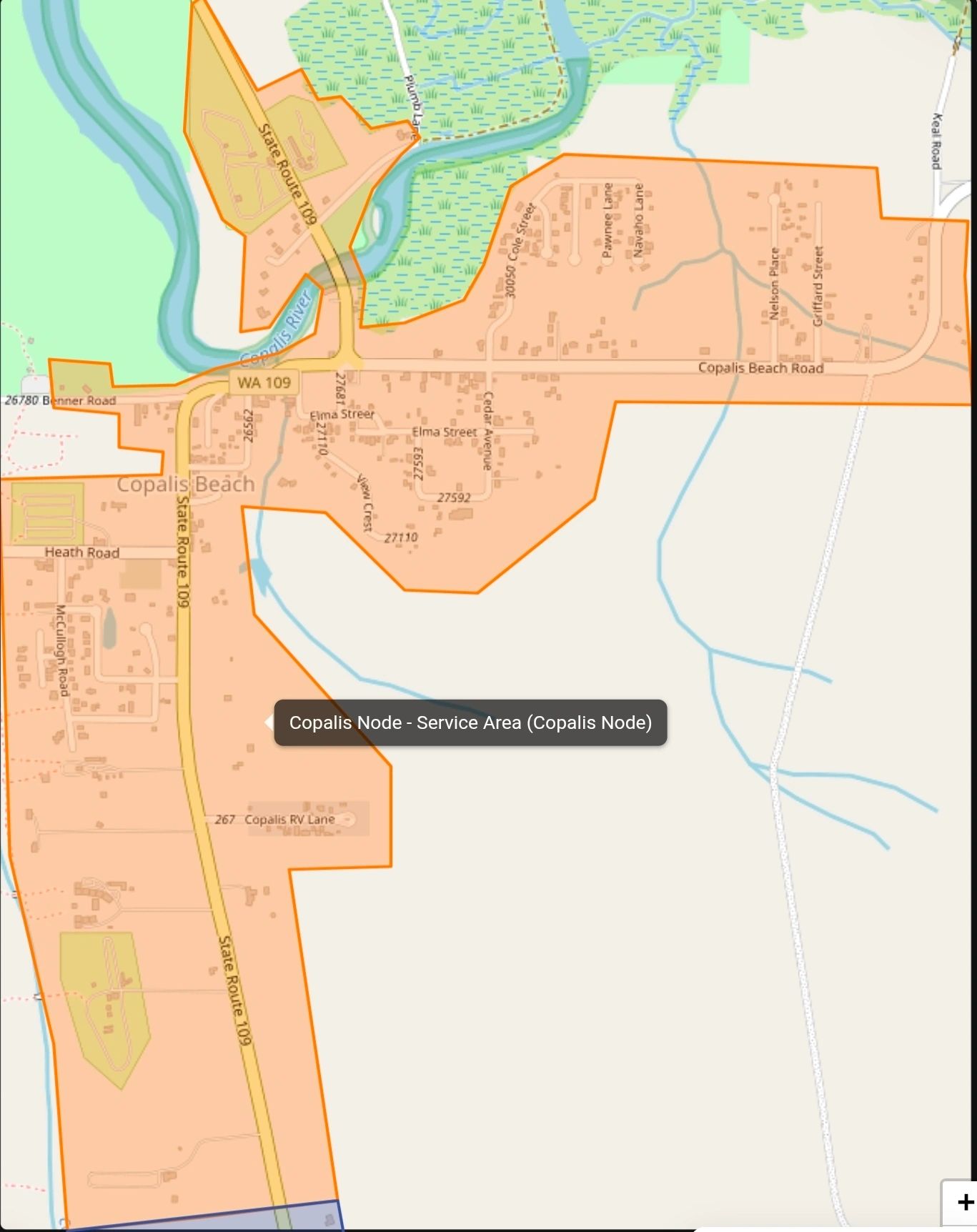 Map highlighting Copalis Node service area around Copalis Beach in Washington.