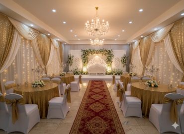 Elegant wedding hall with gold and white decor, chandeliers, and floral arrangements.