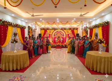 A traditional decorated celebration with women in colorful sarees and a girl seated on a decorated stage.