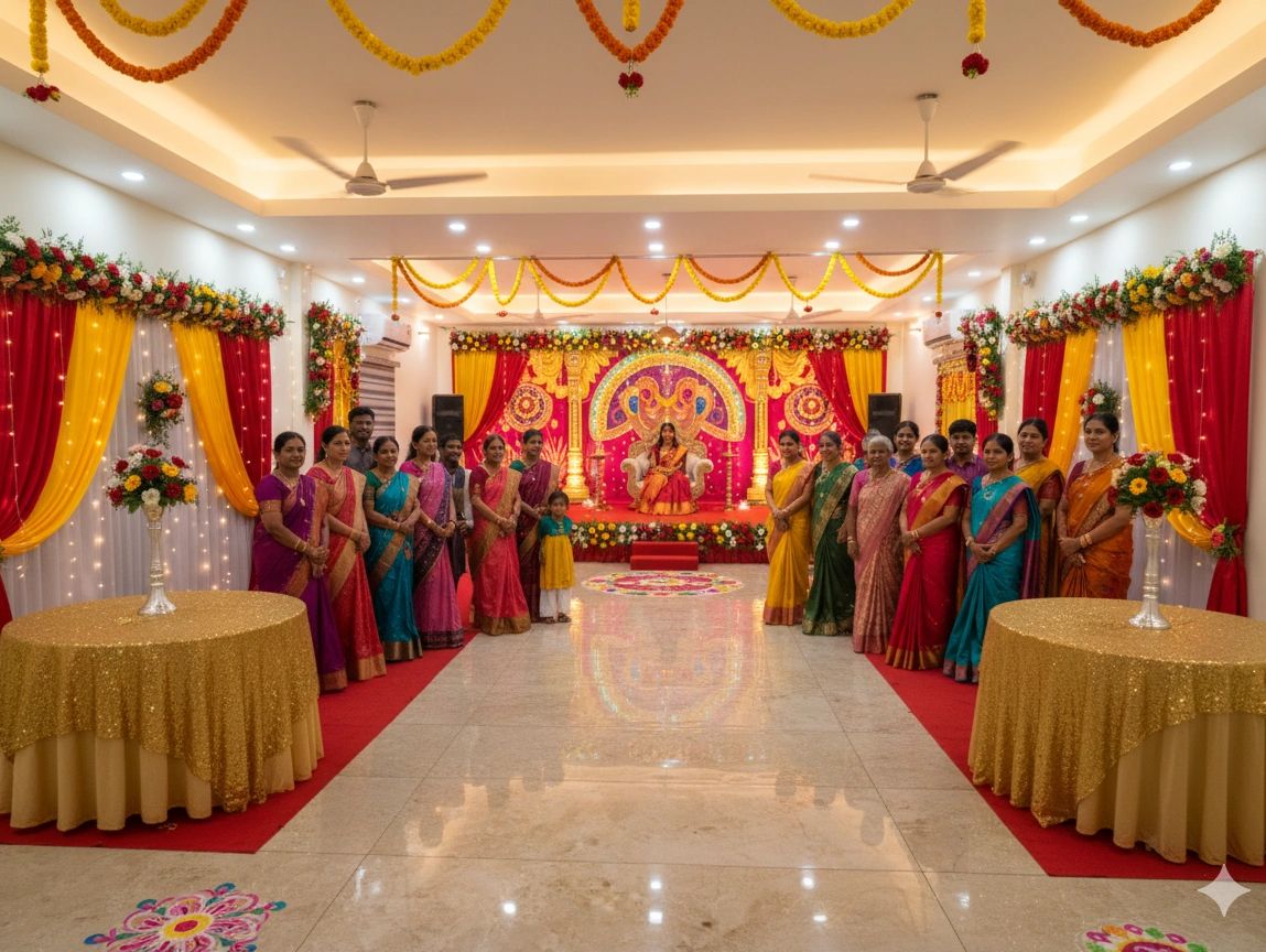 A traditional Indian celebration with people in colorful sarees arranged around a decorated stage.