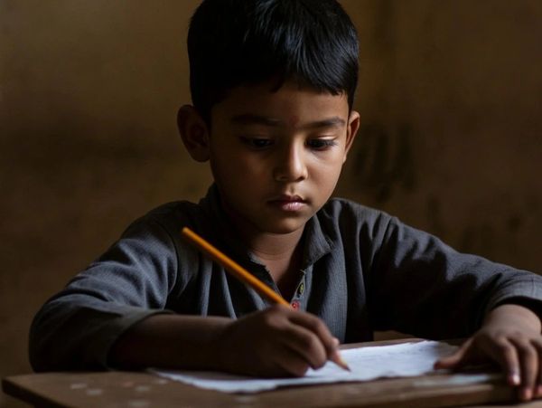 A young boy focused on writing at a wooden desk.