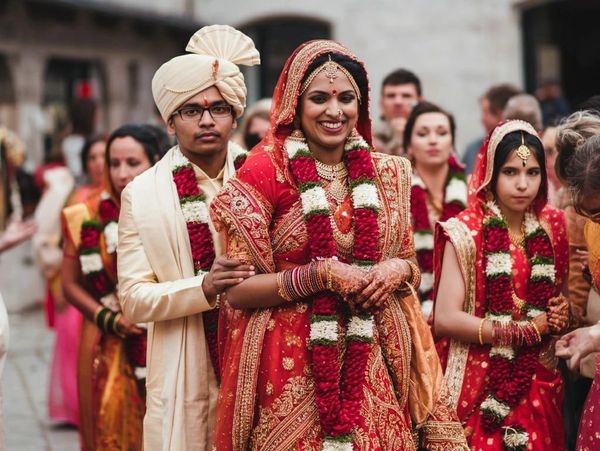 A couple in traditional Indian wedding attire with garlands, surrounded by guests.