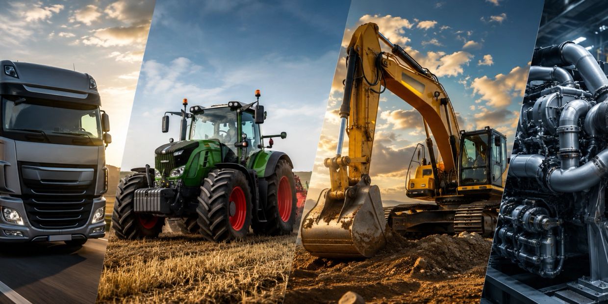 Various heavy machinery including a truck, tractor, excavator, and engine parts.