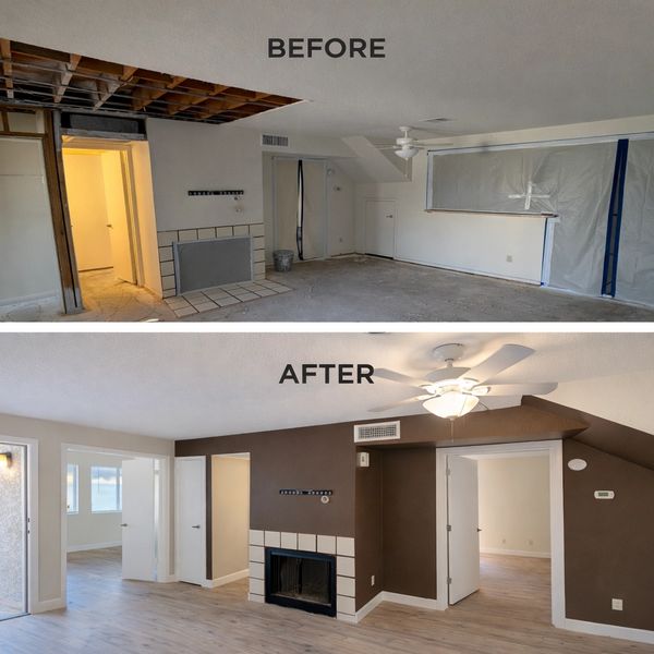 Side-by-side before and after photos of a renovated living room with new flooring, paint, and ceiling fan.