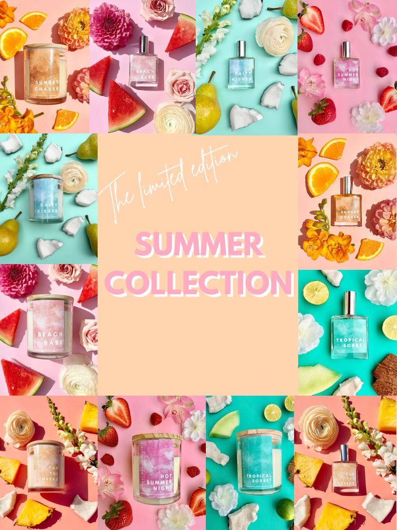Colorful summer collection candles and perfumes with fruits and flowers.