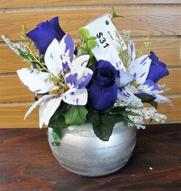  Silver Ornament Planter with Greenery, Purple/White Poinsettias & Purple Rosebuds