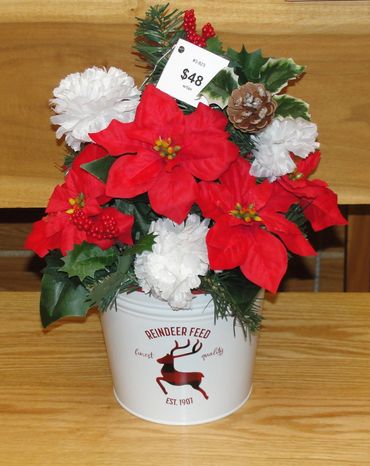 White “Reindeer Feed” Bucket with Pine, Red Poinsettias, White Carnations, Holly Berries & Pinecones