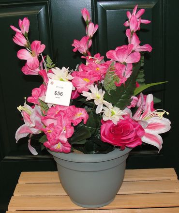 9” Basil Pot w/ Pink Roses, Lilies & Hibiscus