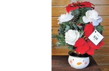 Snowman Planter with Red/White Poinsettias & Red Rosebuds; Snowman Head Vase with Red Poinsettias & 