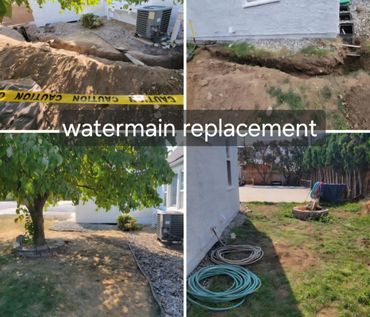 Before and after watermain replacement showing excavation and restoration.