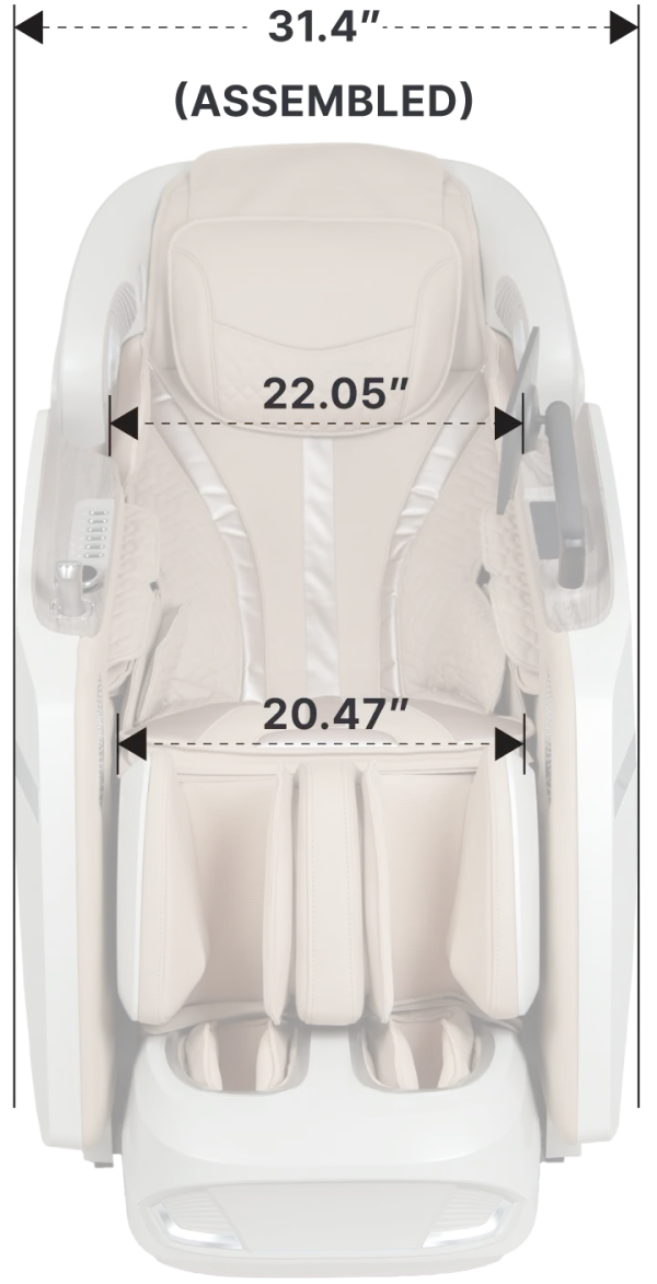 Beige massage chair with seat width dimensions labeled 22.05" and 20.47".