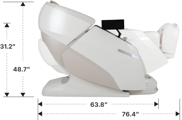 Side view of a modern reclining massage chair with dimensions.