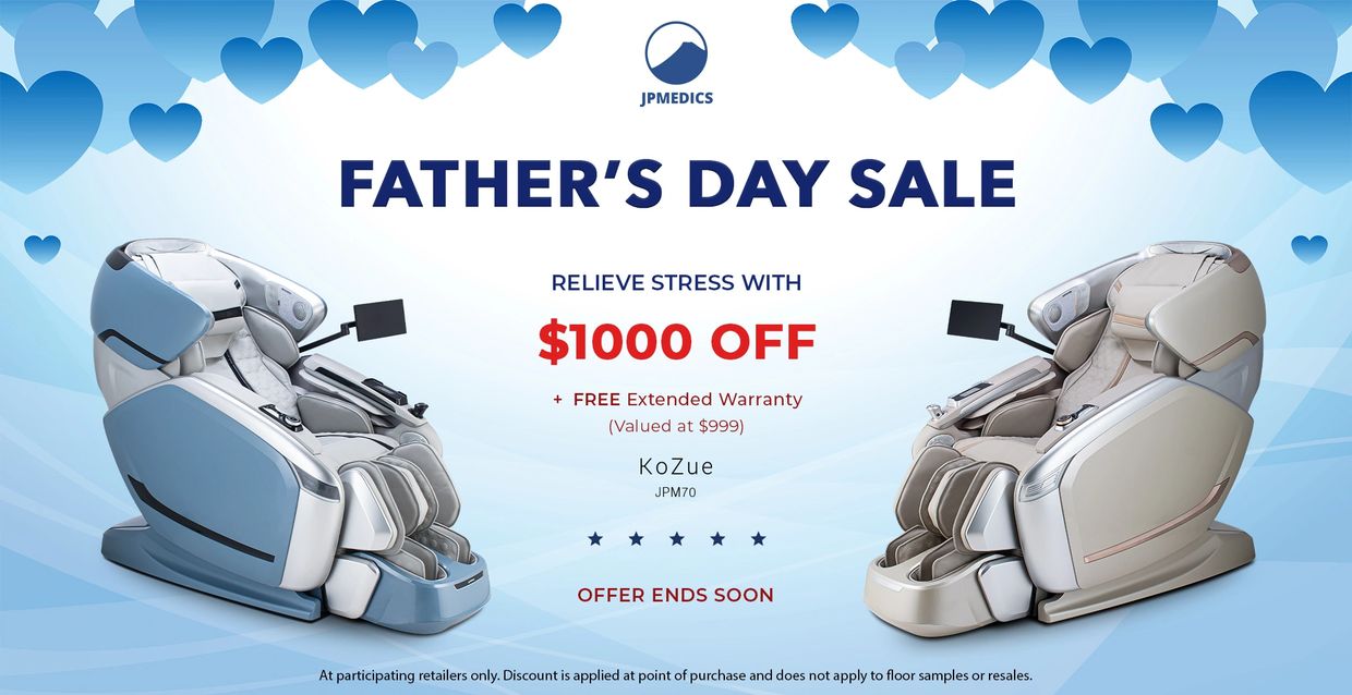 Father's Day sale offers $1000 off on KoZue massage chairs with free extended warranty.