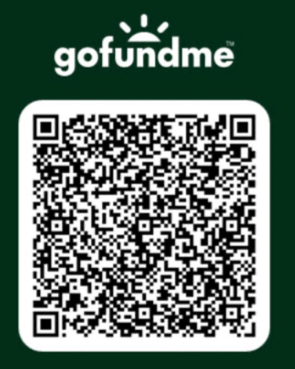GoFundMe QR code on a dark green background.