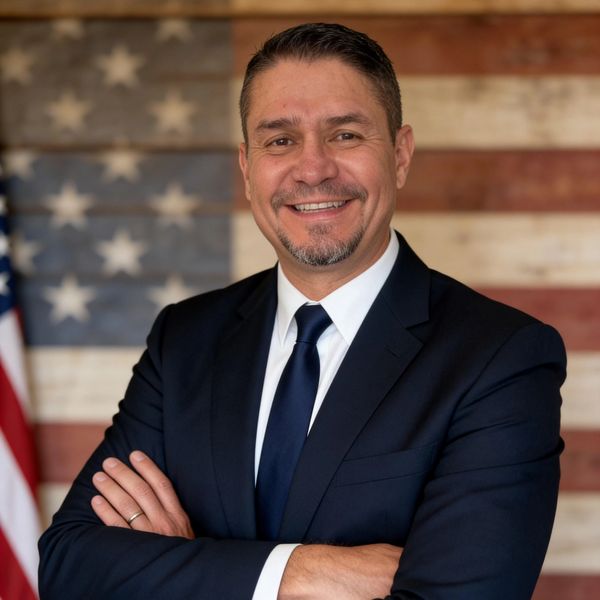 Confident man in suit smiling with American flag background.