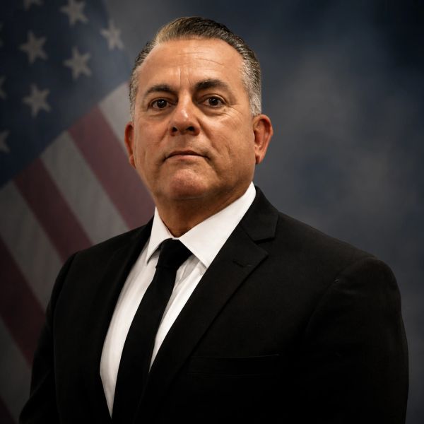 Man in a black suit standing in front of an American flag.