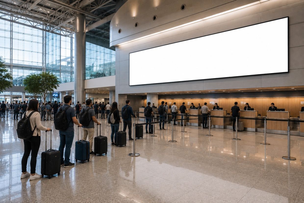 Painel de LED no desembarque do Aeroporto Internacional de Natal exibindo campanha publicitária