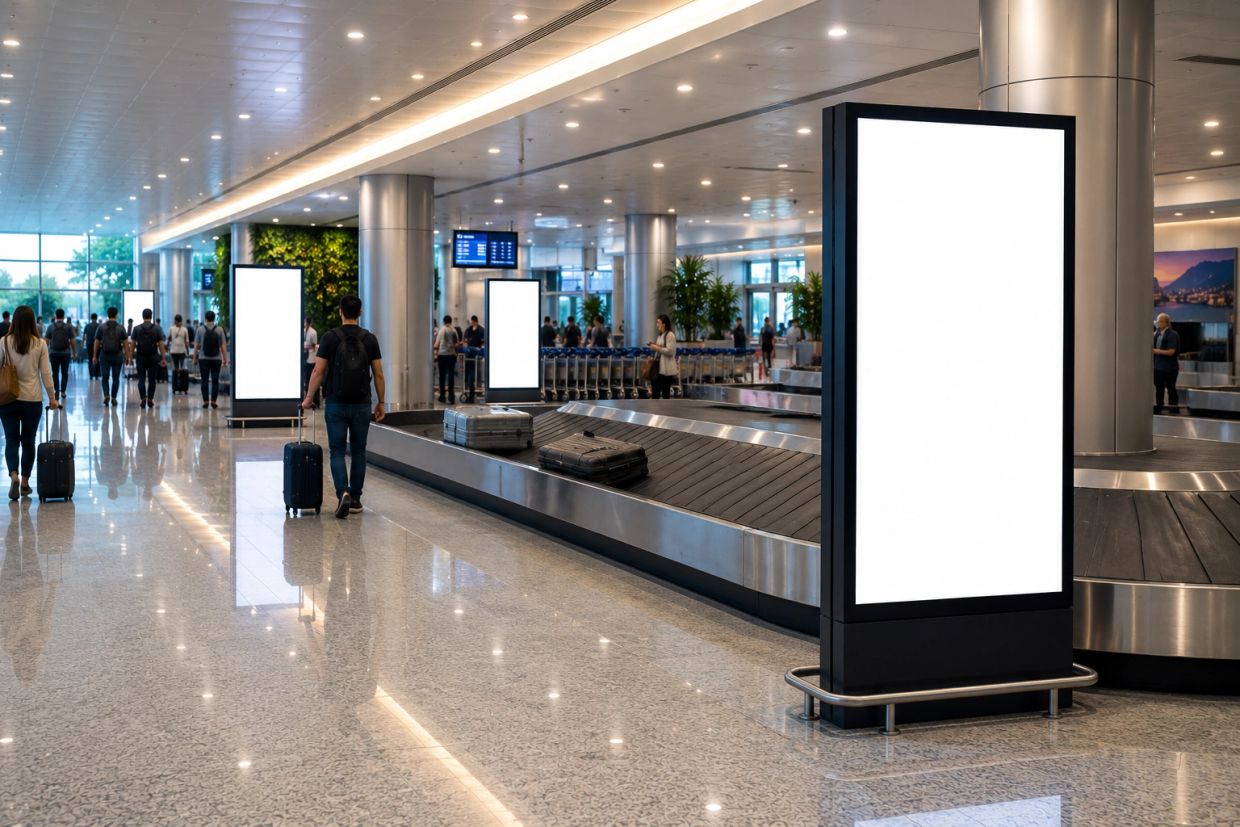 Publicidade em aeroportos e grandes avenidas brasileiras.