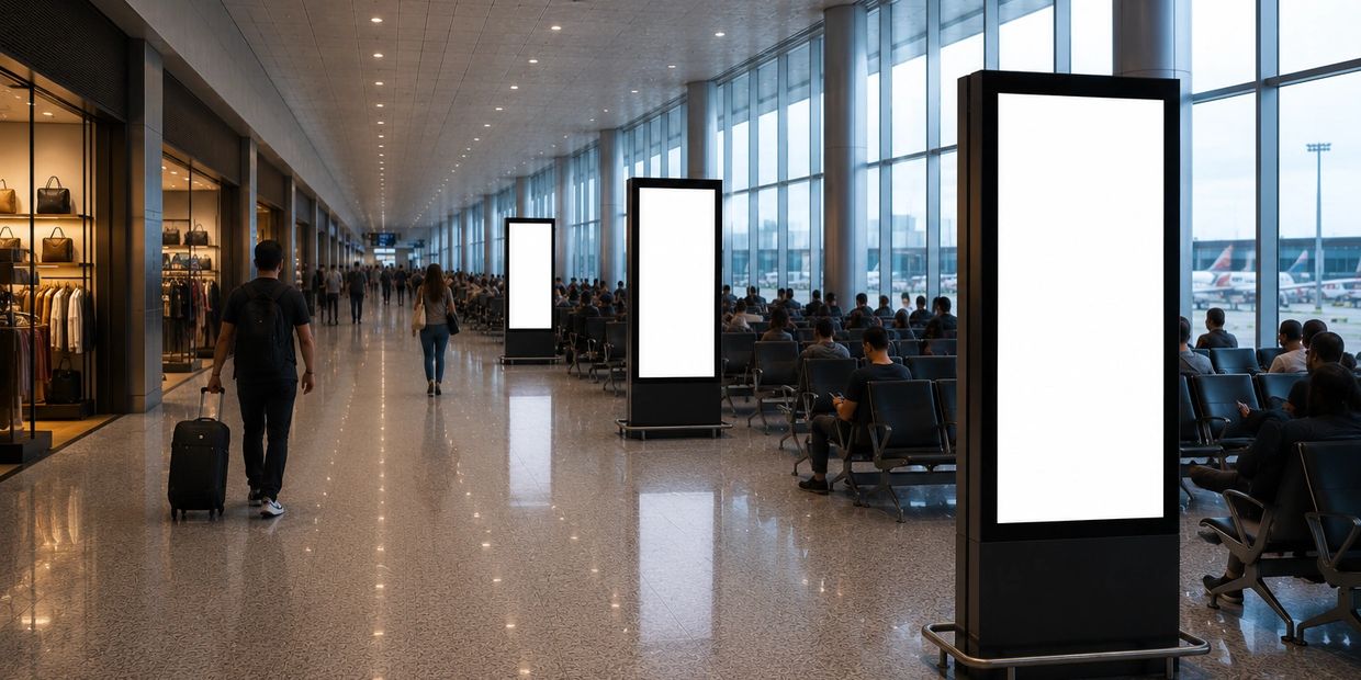 Publicidade em painéis de LED no Aeroporto Internacional de Guarulhos (GRU).