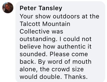 A positive comment praising a show at Talcott Mountain Collective for its authenticity and impact.