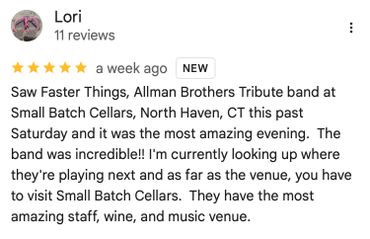 Positive review praising Faster Things band and Small Batch Cellars venue.