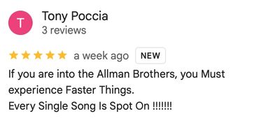 Screenshot of a five-star music review praising Faster Things and the Allman Brothers.