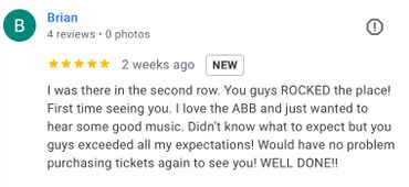A five-star enthusiastic review praising a live music performance and expressing excitement to return.