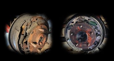 Side-by-side comparison of old rusty and newer brake drum assemblies.